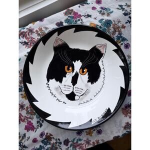 Tuxedo Cat Ceramic Serving Bowl 12” Whimsical Art Black & White Cats by Nina